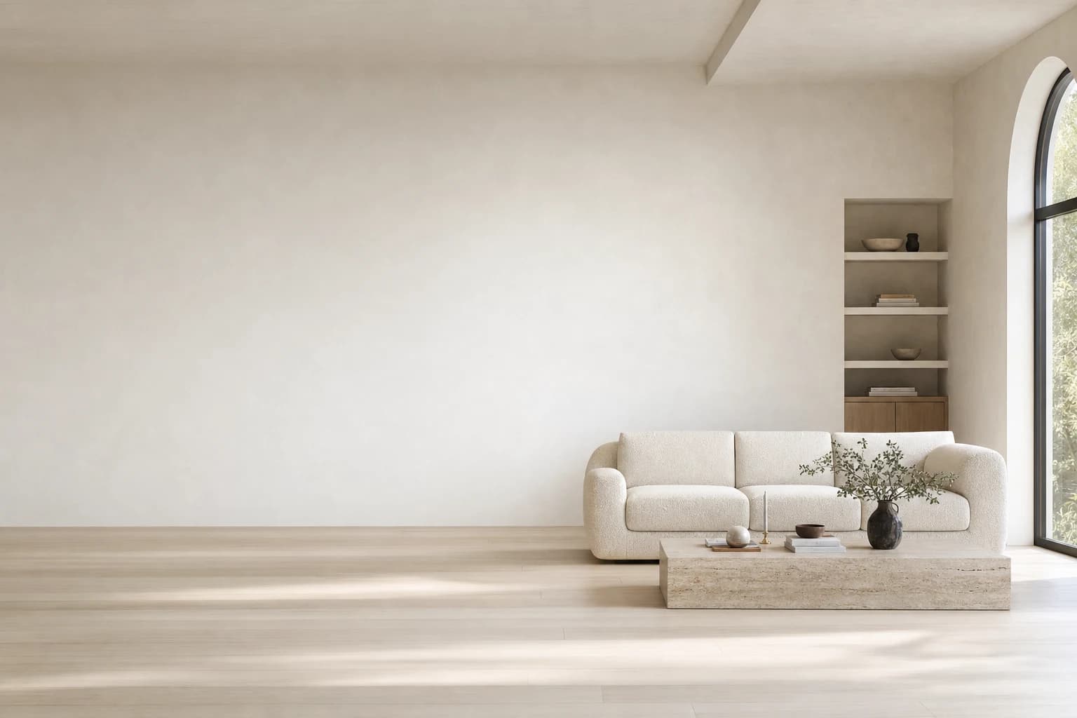 A quiet living room with a curved bouclé sofa and travertine table